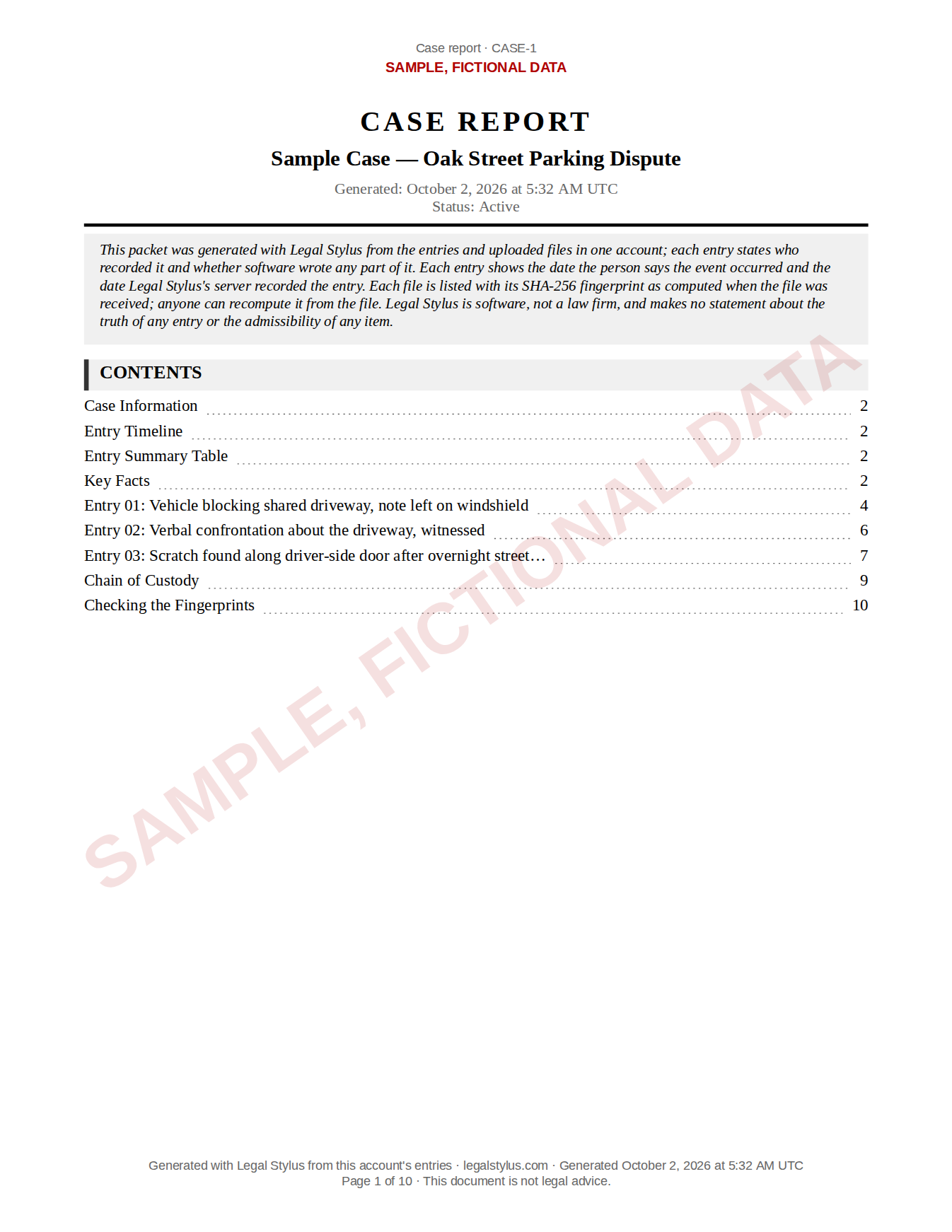 Cover and contents, from a sample Legal Stylus packet. The data is fictional.