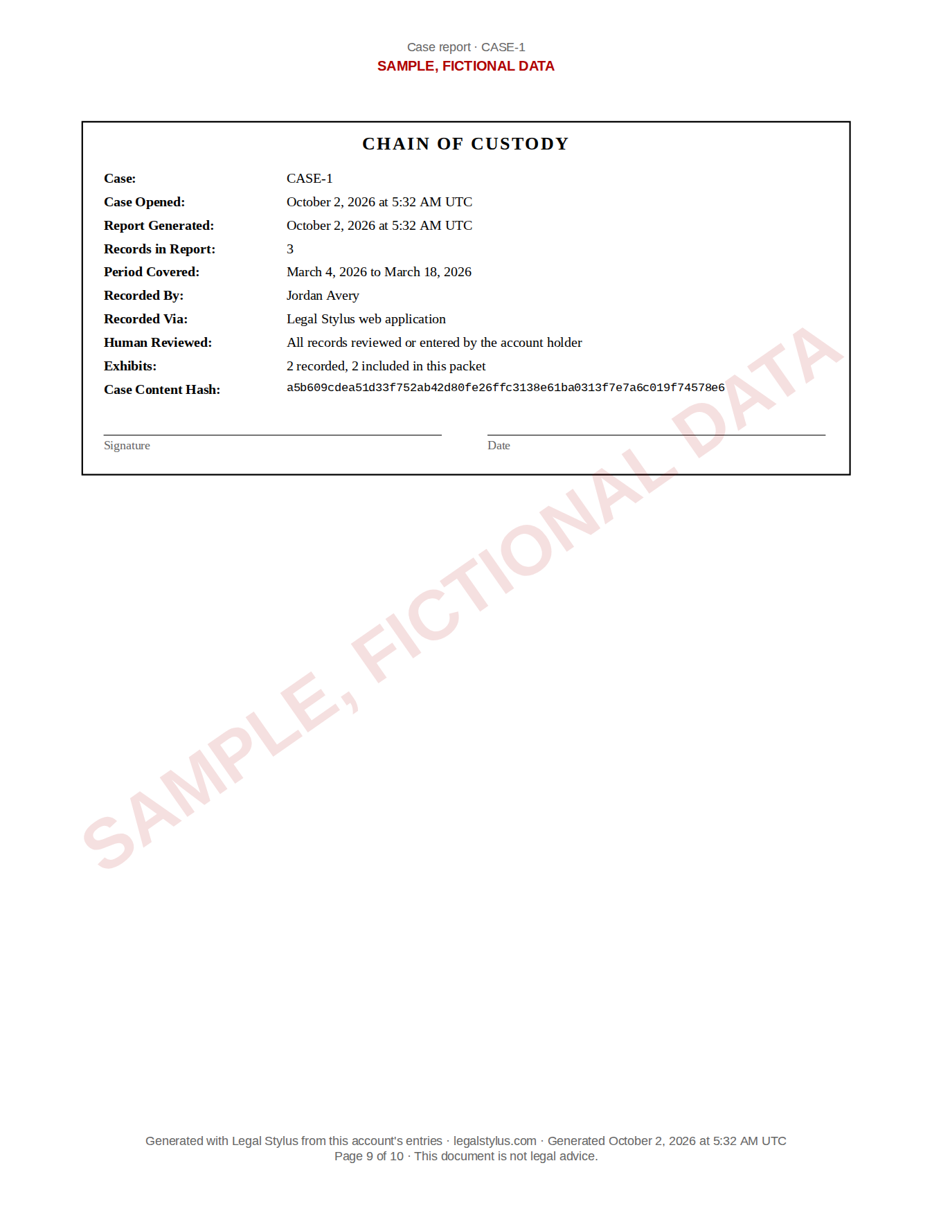 The closing block, from a sample Legal Stylus packet. The data is fictional.